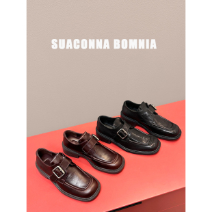 高定~复古做旧方扣小皮鞋方头粗跟懒人单鞋金属搭扣高级感乐福鞋