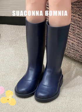 Aimarny/欧美风深蓝色高筒雨靴女冬季防水台圆头显瘦不过膝长靴潮