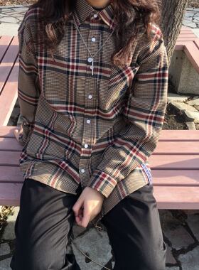 Chim定制 韩国ins学院风焦糖色格子衬衫宽松休闲复古衬衫