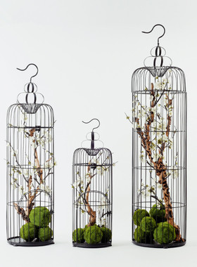 新中式风鸟笼花艺橱窗软装饰品