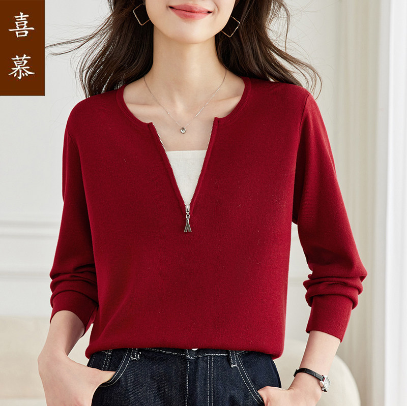 喜慕红色假两件半拉链妈妈针织衫