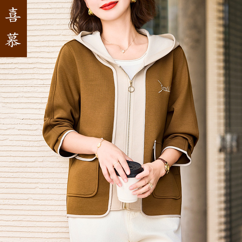 喜慕中年妈妈秋装短款外套25新款中老年女装大码夹克薄款连帽上衣