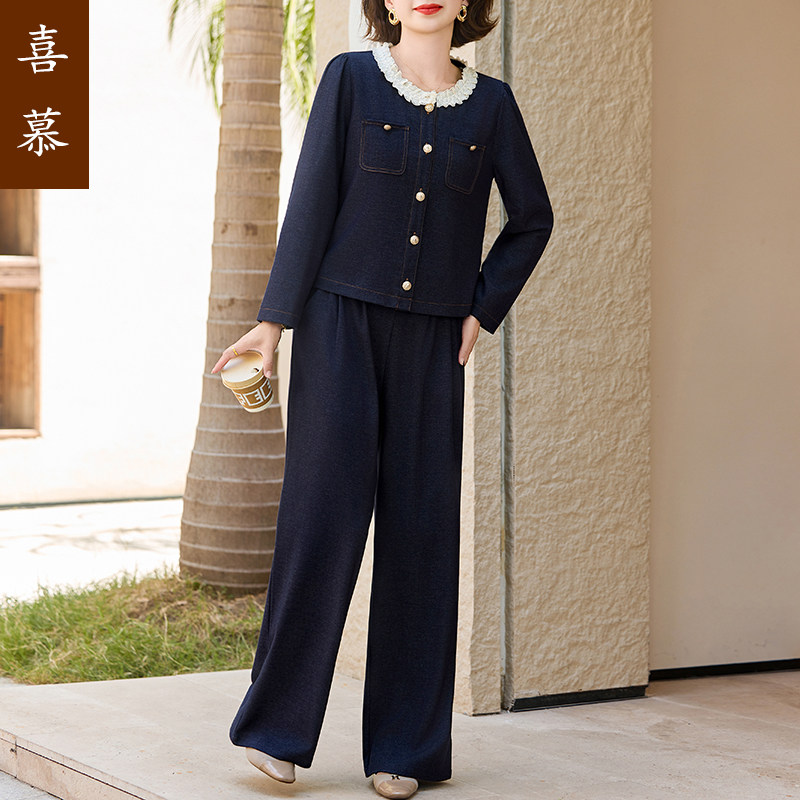 妈妈装春秋装小香风牛仔外套套装
