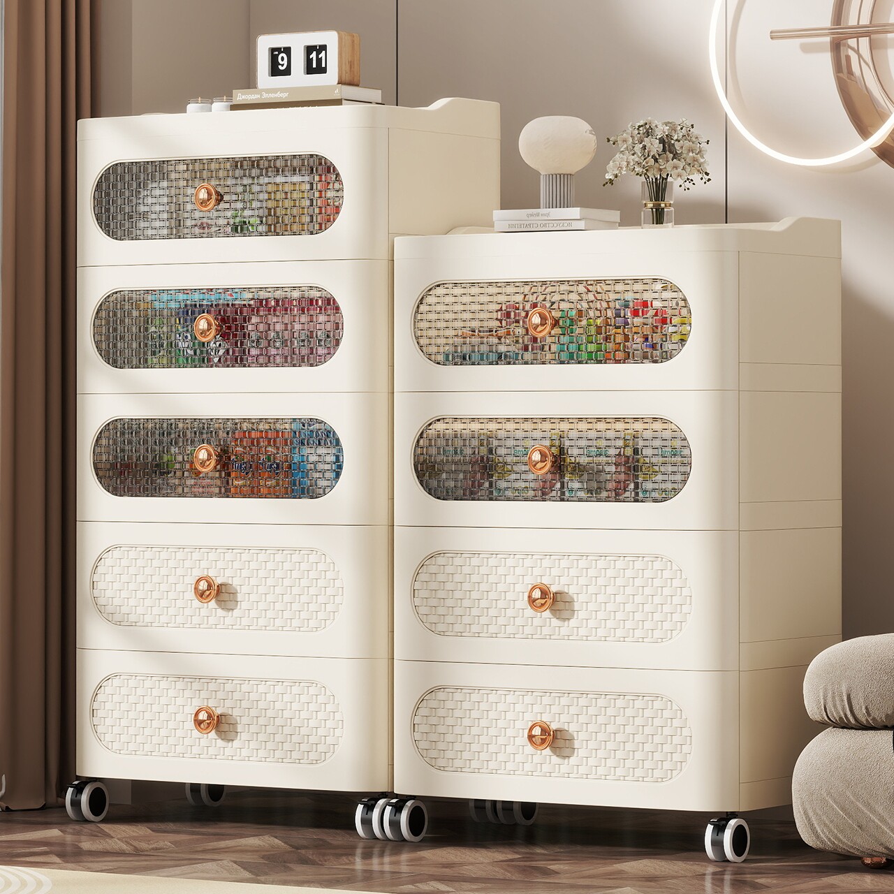 抽屉式收纳柜家用客厅多层五斗柜零食储物柜带轮置物柜卧室床头柜