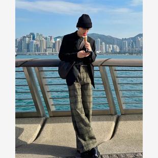 日系百搭潮流 欧洲白敬亭同款 格纹直筒长裤 男秋冬季 复古宽松休闲裤