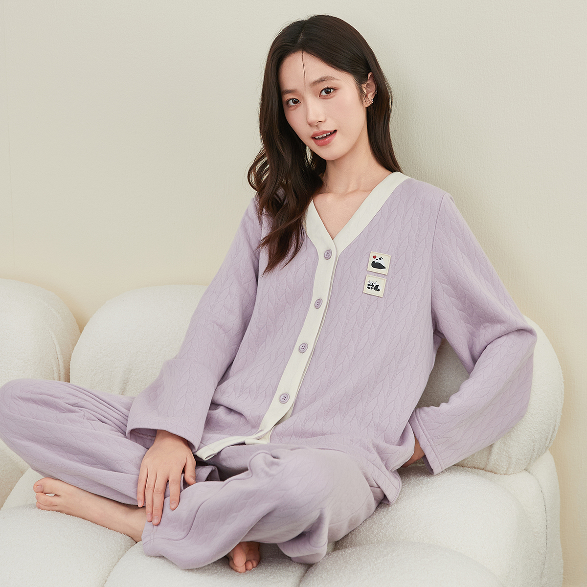 顶瓜瓜女士秋冬麦穗三层夹棉睡衣