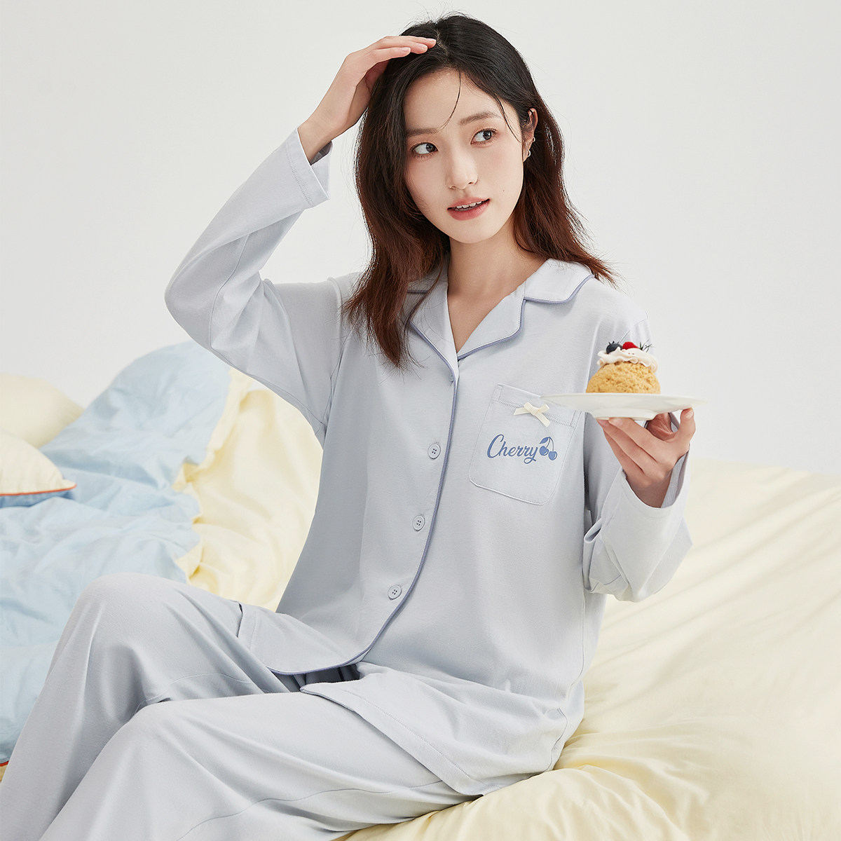 顶瓜瓜纯棉睡衣女款春夏季舒适开襟长袖薄款可外穿家居服套装女士