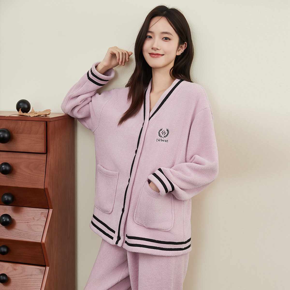 顶瓜瓜女士秋冬杨梅绒睡衣V领开衫上衣口袋长袖长裤家居服套装