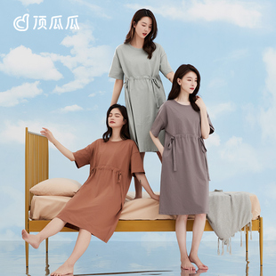 顶瓜瓜睡裙女纯棉夏天简约宽松腰间系带圆领纯色家居裙休闲可外穿