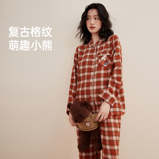 顶瓜瓜睡衣女士春秋纯棉梭织磨毛中厚开襟翻领100%棉可外穿家居服