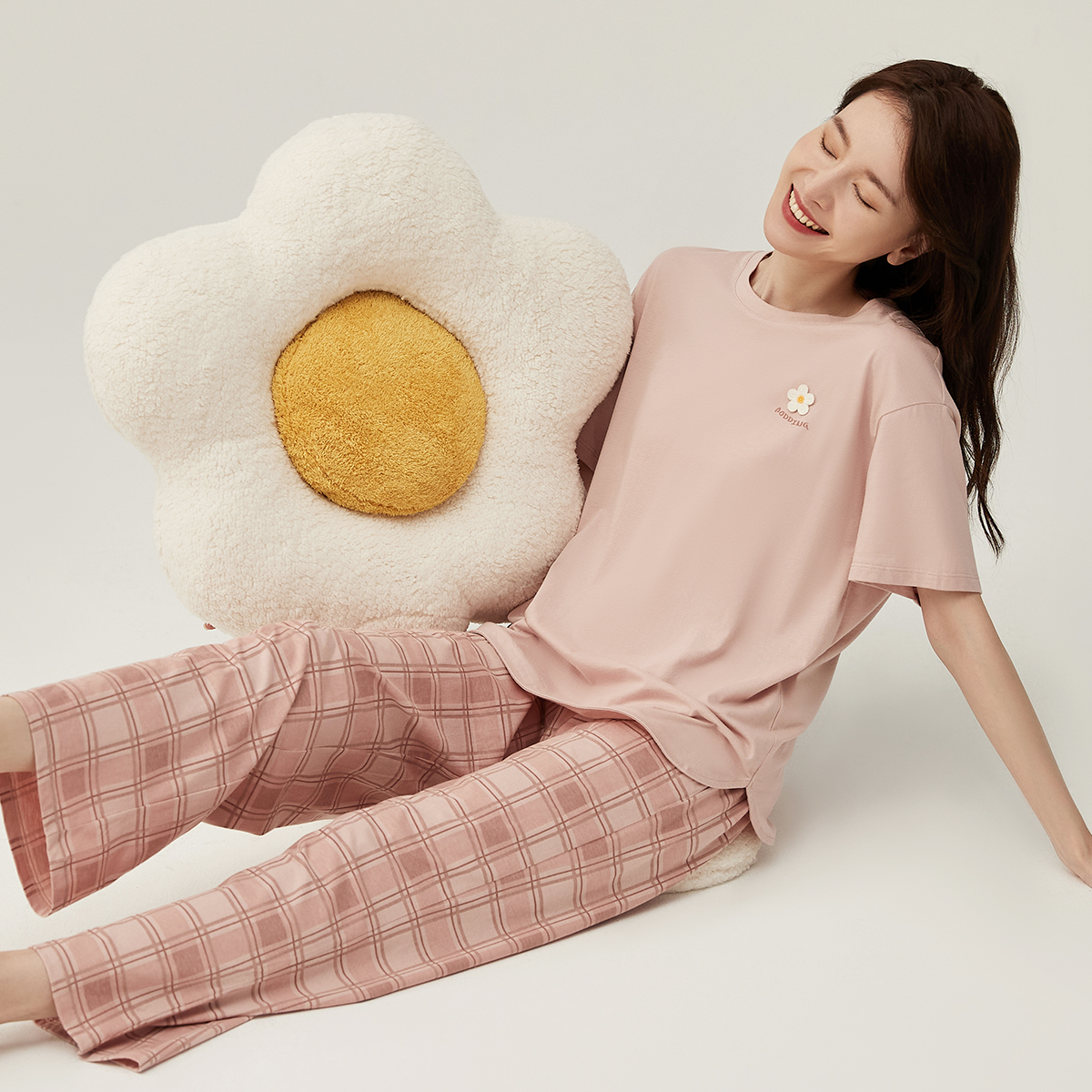 顶瓜瓜女士格纹纯色简约睡衣