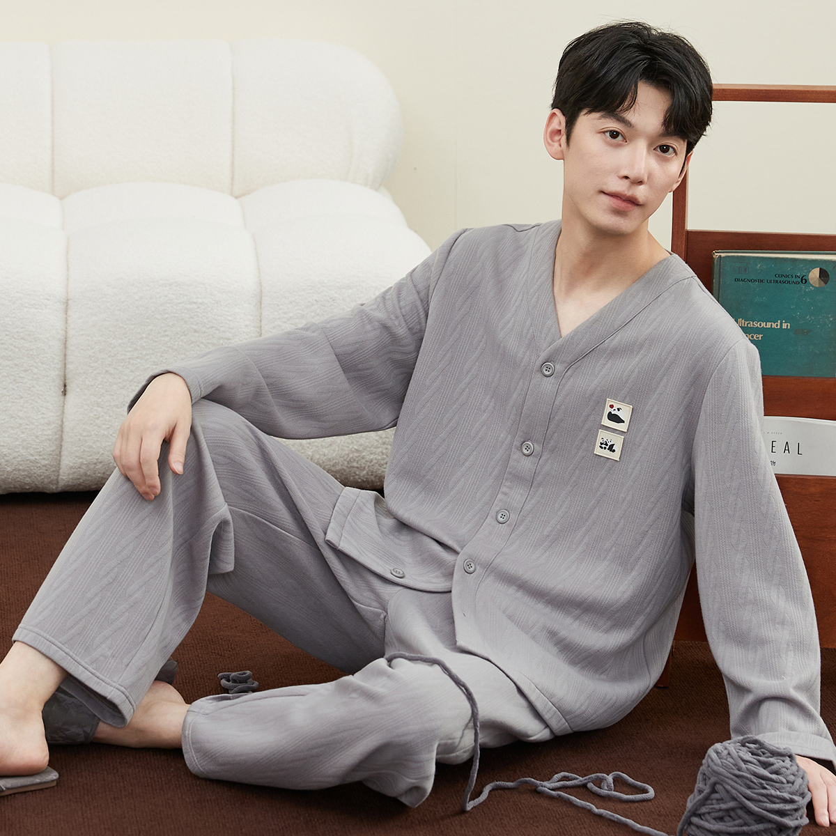 顶瓜瓜秋冬麦穗空气层新款睡衣男士V领防静电保暖外穿家居服套装