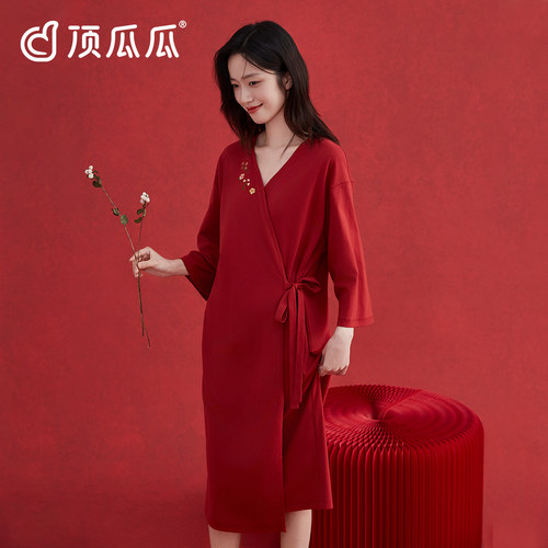 顶瓜瓜女士纯棉红色浴袍
