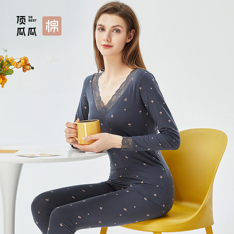 顶呱呱官方旗店秋衣秋裤女士保暖内衣套装性感冬季蕾丝印花薄款