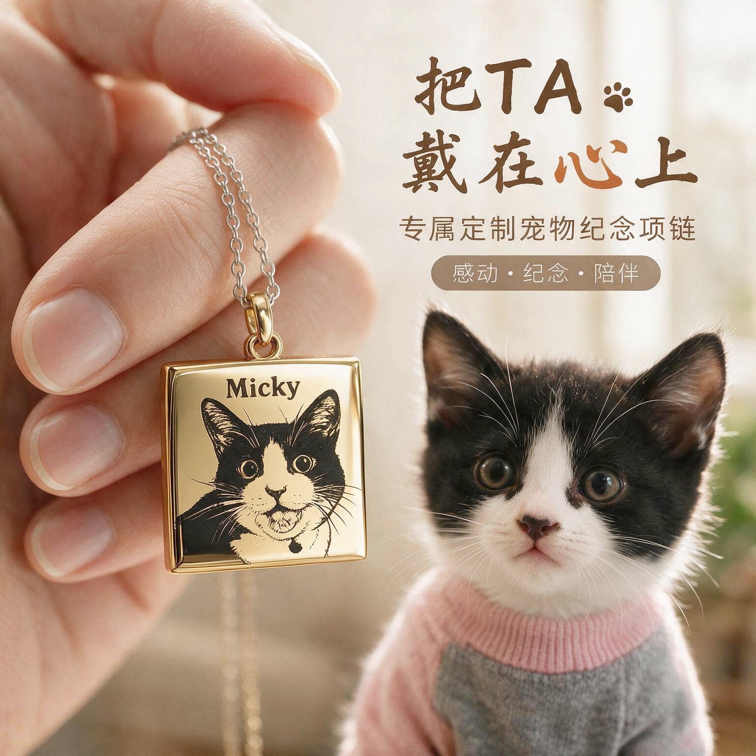 新款宠物照片钛钢项链吊坠猫狗仓鼠鹦鹉头像名字纪念礼物来图定制