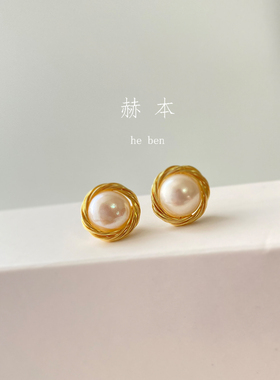 巴洛克经典款天然珍珠耳环手工绕线气质小香风法式复古大圆形耳钉