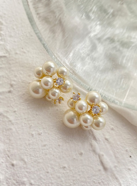 韩国复古气质设计感银针耳钉法式轻奢时尚珍珠花球耳饰新款女耳环