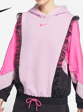 Nike/耐克正品女子拼接连帽加绒运动卫衣套头卫衣 DH1371-626