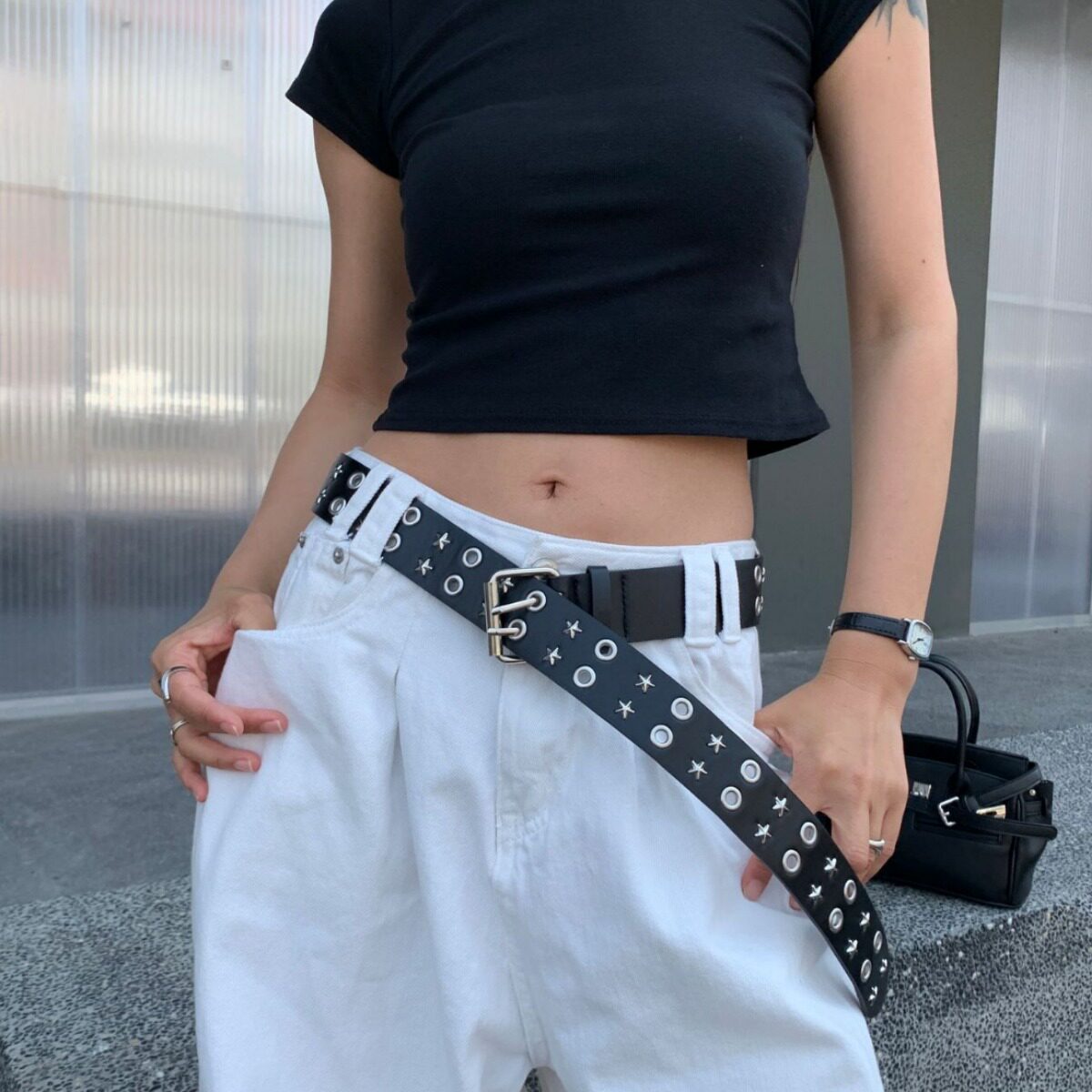 Ahaha 美式嘻哈皮带女新款宽腰带朋克风柳钉黑色百搭ins休闲裤带