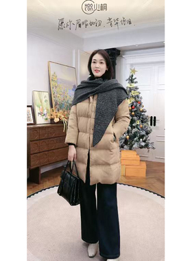 火桐hooton 铂金系列 圆领绵羊毛桑蚕丝95中长款鹅绒服 D35316