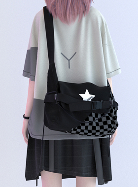 YONAIGA+ 原创星星元素百搭单肩斜挎包帆布学生背包包棋盘格女男