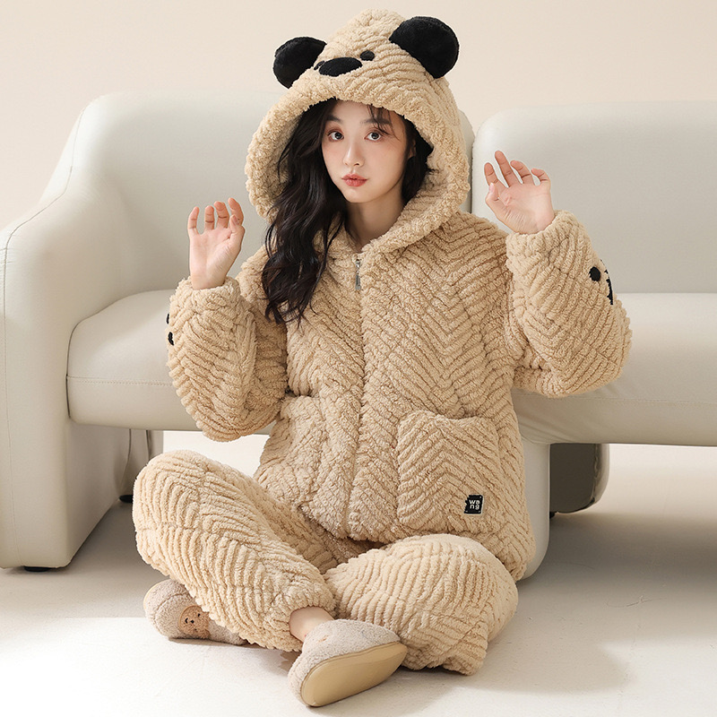 维多利亚三层夹棉睡衣女秋冬季新款加绒加厚珊瑚绒连帽家居服套装