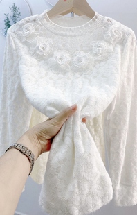 秋冬加绒立领钉珠蕾丝衫打底衫女宽松显瘦遮肉小香风衬衫保暖衬衣
