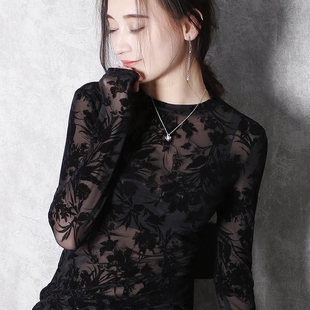 高领修身 欧洲站新款 欧货网纱长袖 女秋 时尚 上衣洋气黑色蕾丝打底衫