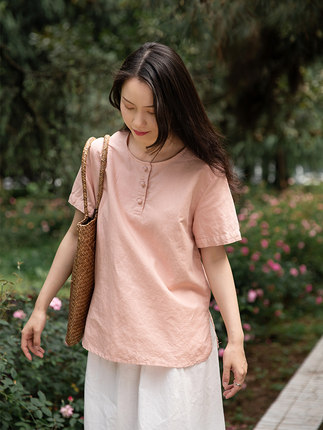 衬衫短袖t恤女夏季中国风新款女装纯苎麻亚麻宽松棉麻上衣