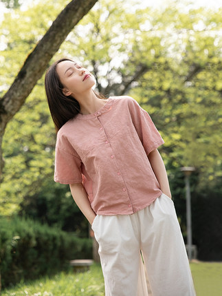 棉麻衬衫女设计感小众宽松亚麻衬衣新款夏纯苎麻百搭上衣短袖