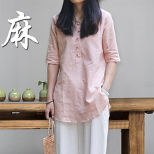 中长款棉麻上衣女复古春夏宽松纯苎麻亚麻圆领妈妈麻料短袖衬衫