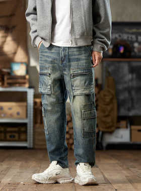 牛仔裤男款秋季工装设计重磅机车多口袋D24556vibe大码胖子宽松