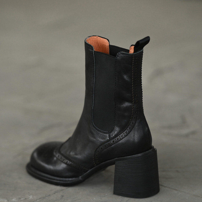 얼마나 못생긴 소매 둥근 발가락 플러스 벨벳 두꺼운 굽 짧은 부츠 여성 중간 굽 첼시 부츠  가죽 굴뚝 부츠 가을 겨울 여성 신발