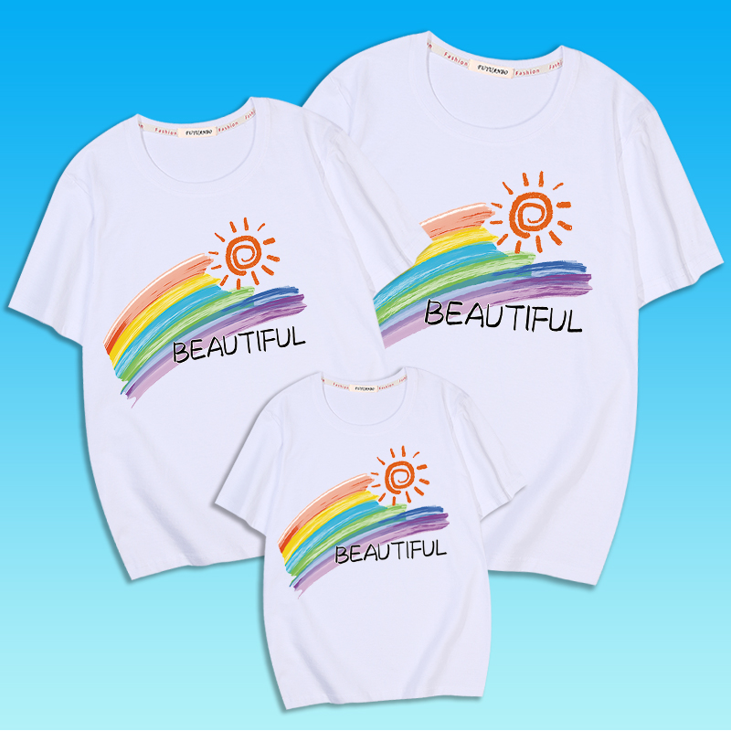 彩虹亲子装一家三口纯棉短袖T恤