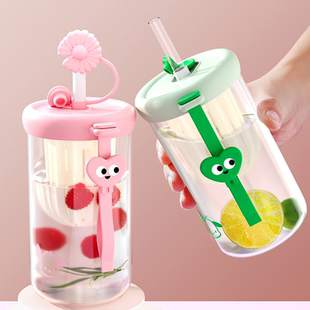 水杯玻璃杯女生高颜值吸管杯卡通可爱便携花茶杯茶水分离随手杯子