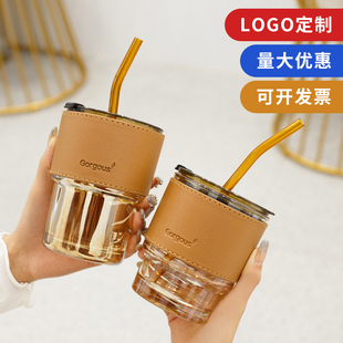 网红竹节杯玻璃吸管杯商用开业礼品带盖咖啡杯印图案刻字定制ogo