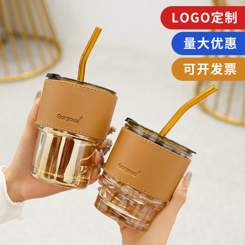 定制logo玻璃印字竹节吸管杯