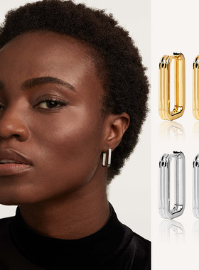 西班牙925纯银镀18k金素耳圈方形耳环夸张耳饰女欧美高级感耳饰扣