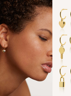 PD爱心耳环女纯银桃心欧美时尚感个性潮流不对称心形钥匙耳坠礼物