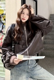 2025秋新款拉链时尚机车服痞帅设计感宽松休闲百搭pu皮皮衣外套女，女装皮衣，浙宝189