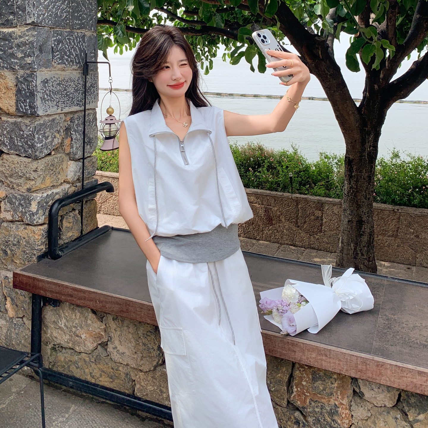 米白色工装马甲套装裙女2025夏季新款设计感气质时尚半身裙两件套，商品下架区商品下架区，浙宝189