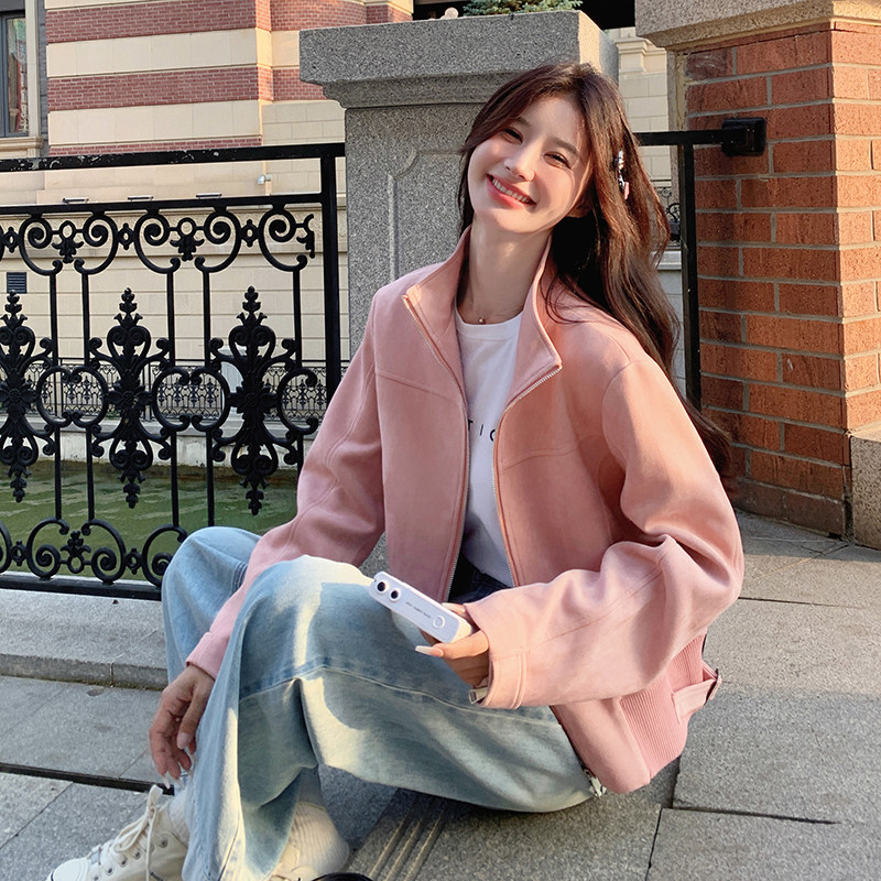 粉色麂皮绒开春外套女款春秋2025新款韩系小个子美式立领夹克上衣,女装短外套,浙宝189