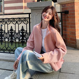 粉色麂皮绒开春外套女款春秋2025新款韩系小个子美式立领夹克上衣，女装短外套，浙宝189