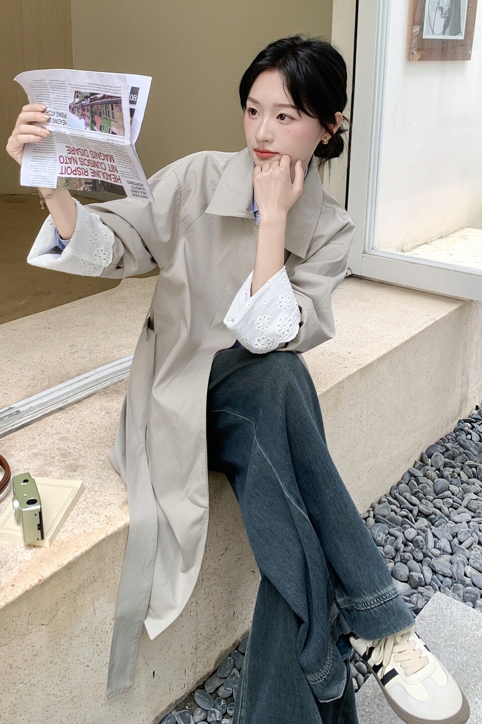 韩系拼接蕾丝袖口风衣8116-P175-K248,女装风衣,浙宝189