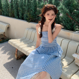 法式蓝格吊带上衣半身裙两件套女2025夏新款高级感气质半身裙套装，商品下架区，浙宝189