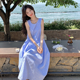 法式超仙浅蓝色连衣裙女2025夏季新款韩系减龄无袖印花背心长裙子，商品下架区，浙宝189