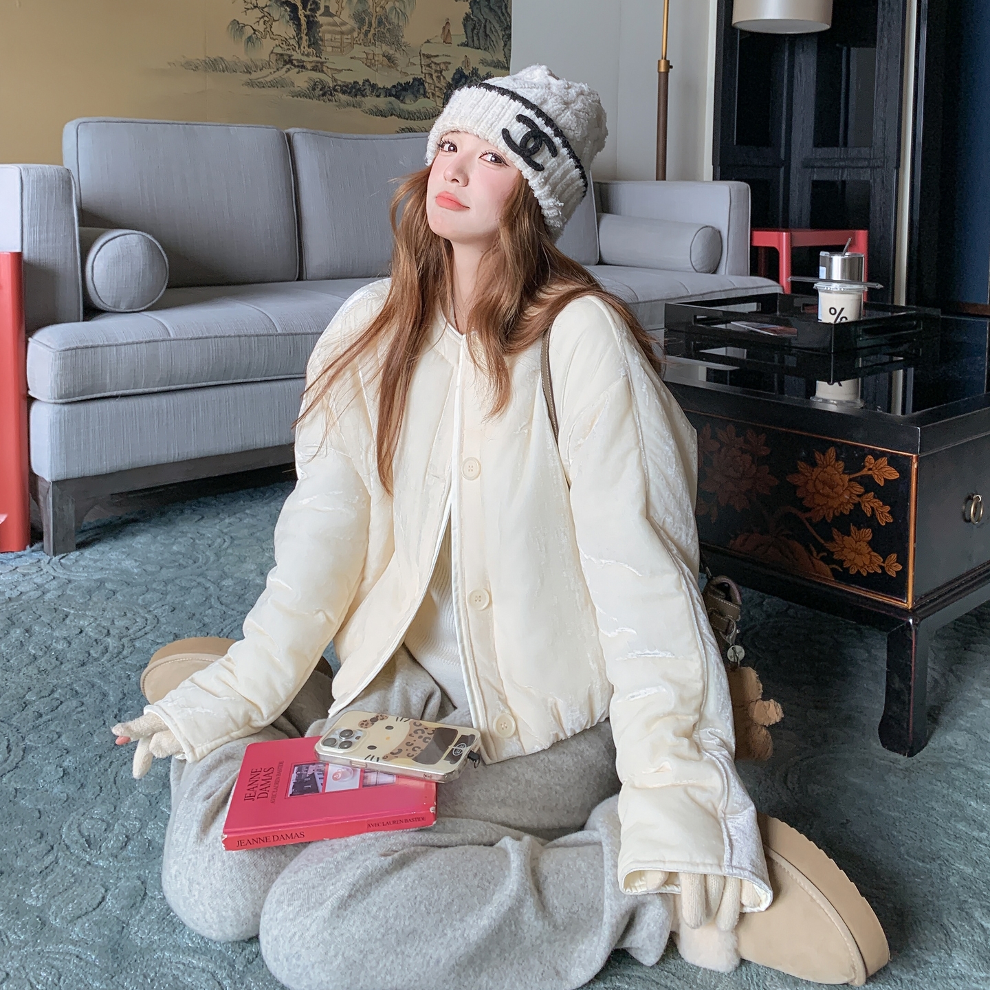 【现货】丝绒纯色拼接高级棉服外套8815米白-P195-K318，女装棉衣/棉服，浙宝189