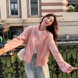 粉色麂皮绒开春外套女款春秋2025新款韩系小个子美式立领夹克上衣，女装短外套，浙宝189