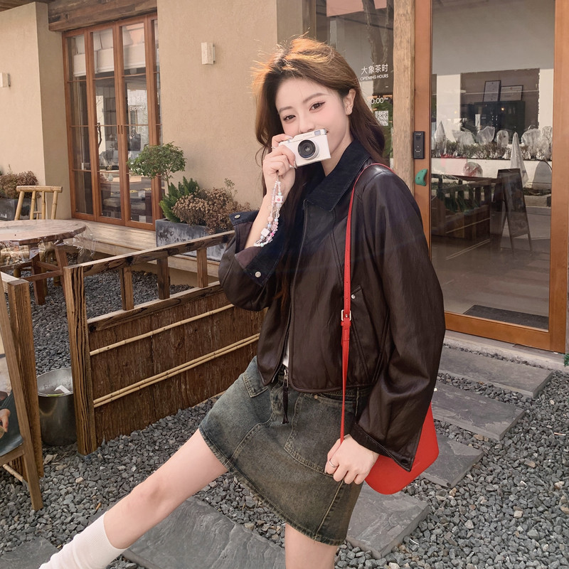 【现货】牛仔拼接休闲皮衣9110-P155-K248,女装皮衣,浙宝189