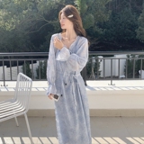 法式浪漫蓝色连衣裙女2025年春季新款高级感温柔风精致提花长裙子，女装连衣裙，浙宝189